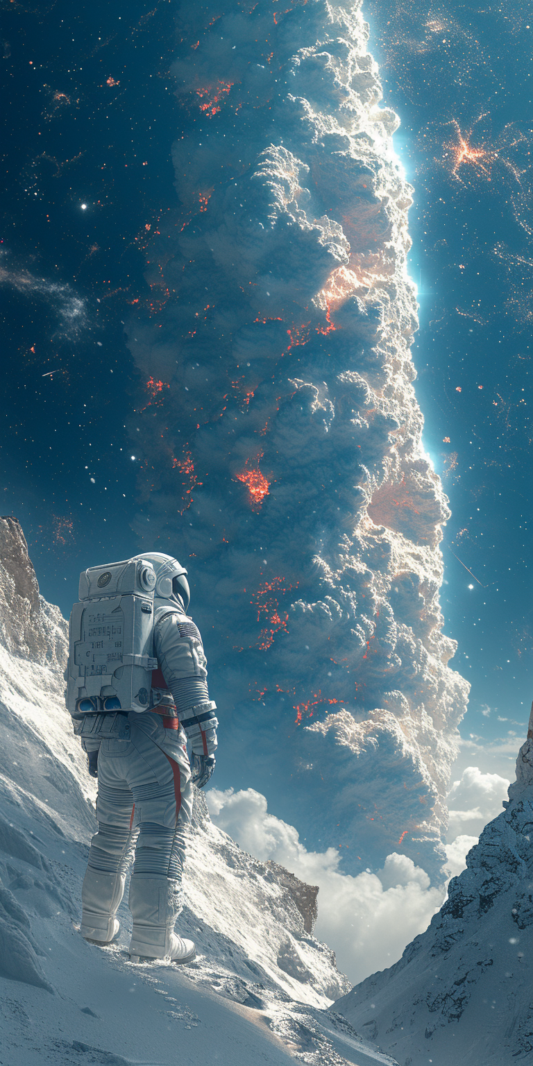 astronaut navigating through an icy alien landscape, reflecting the spirit of discovery