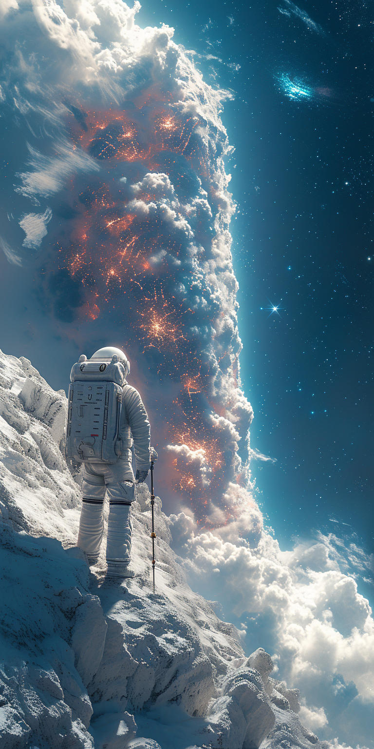 astronaut navigating through an icy alien landscape, reflecting the spirit of discovery