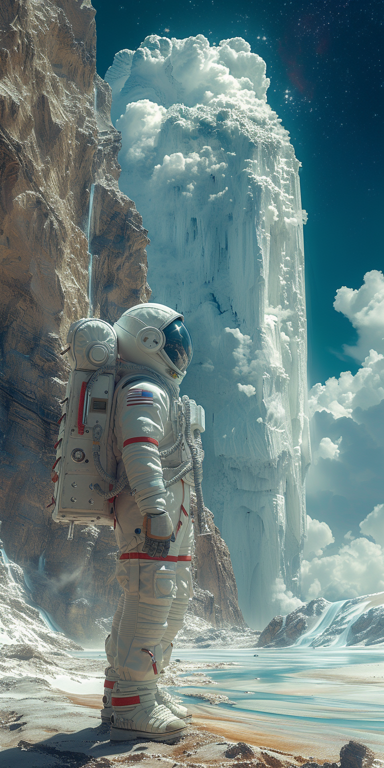 astronaut navigating through an icy alien landscape, reflecting the spirit of discovery