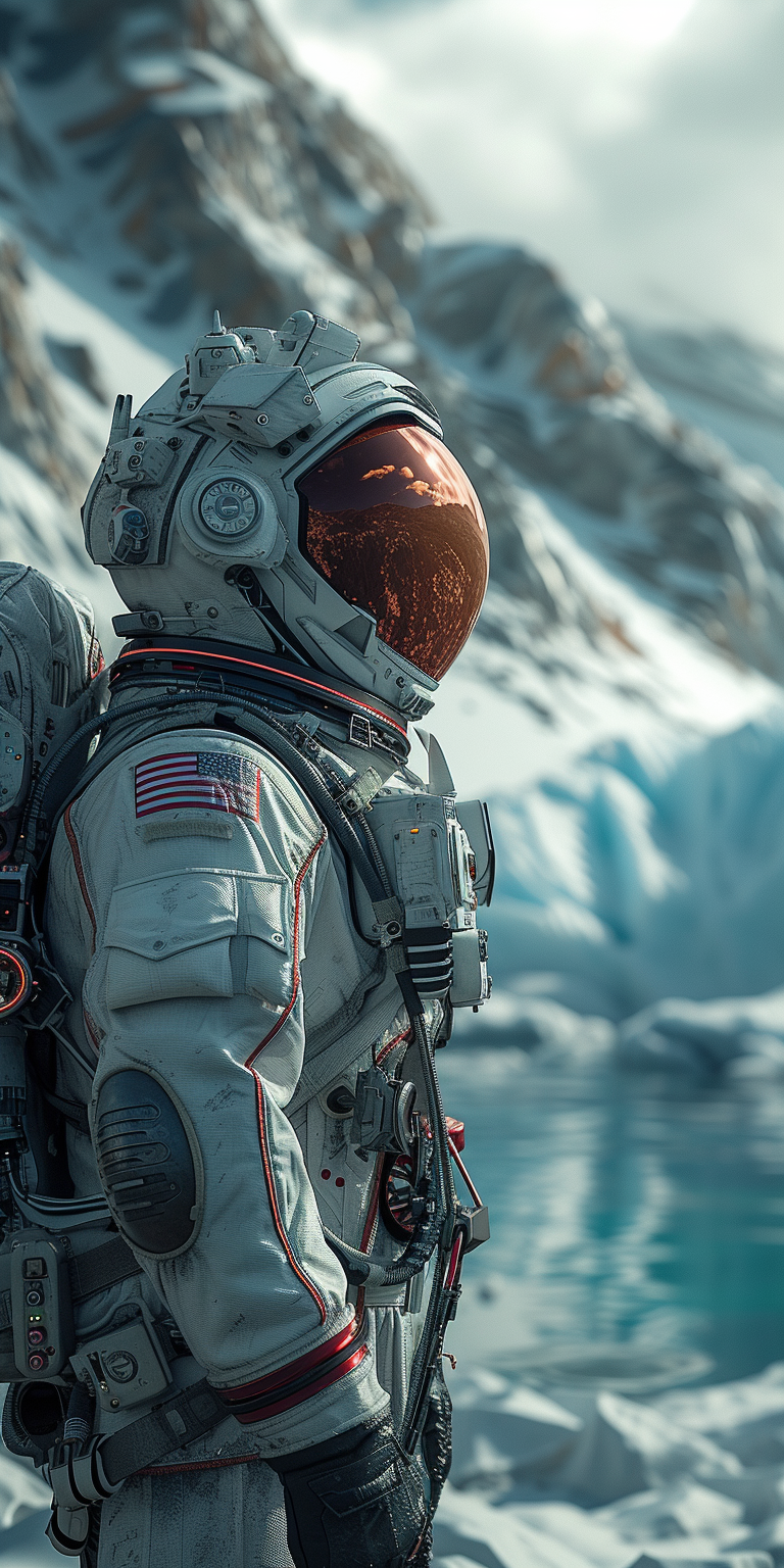 astronaut navigating through an icy alien landscape, reflecting the spirit of discovery