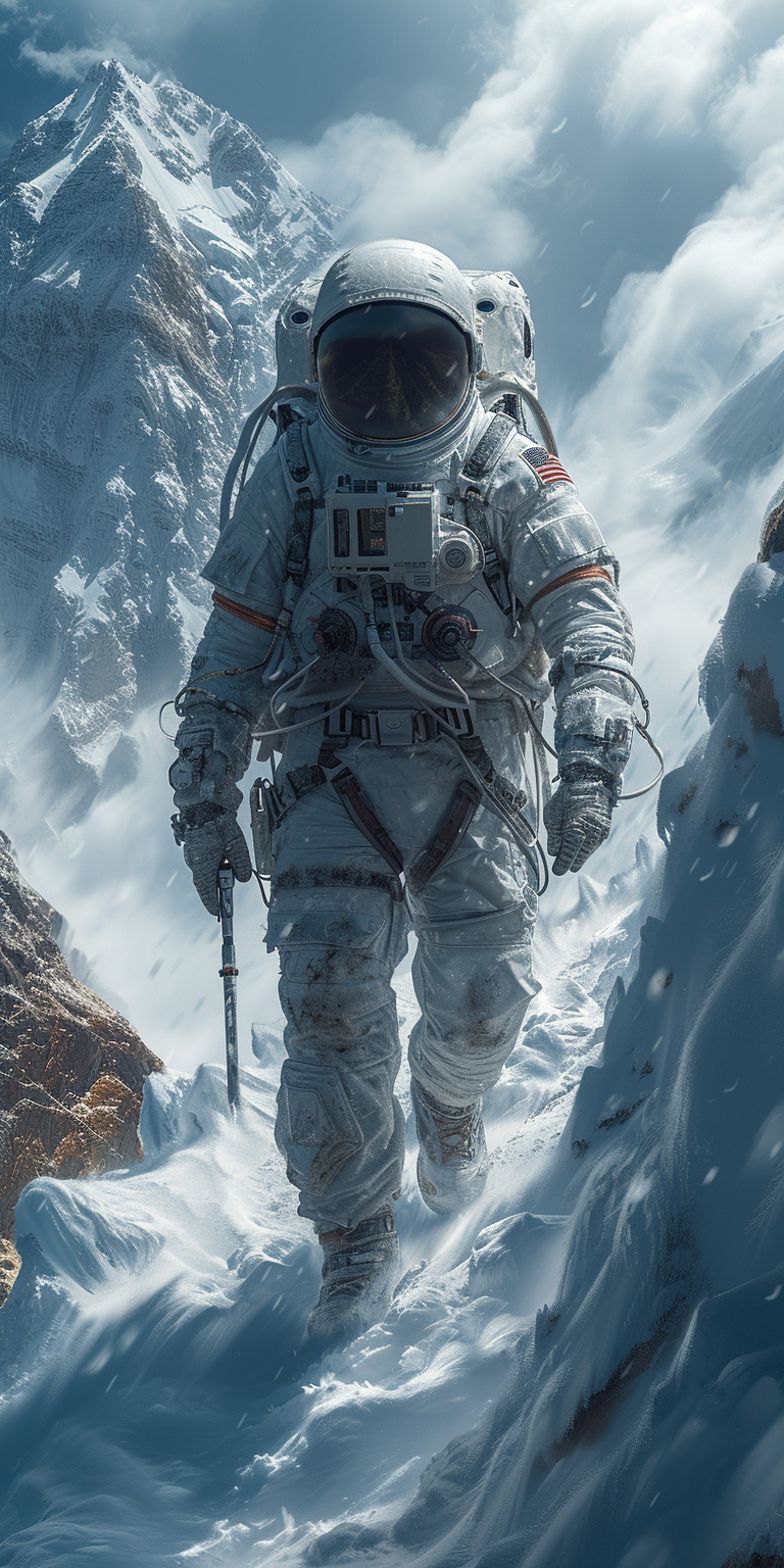 astronaut navigating through an icy alien landscape, reflecting the spirit of discovery