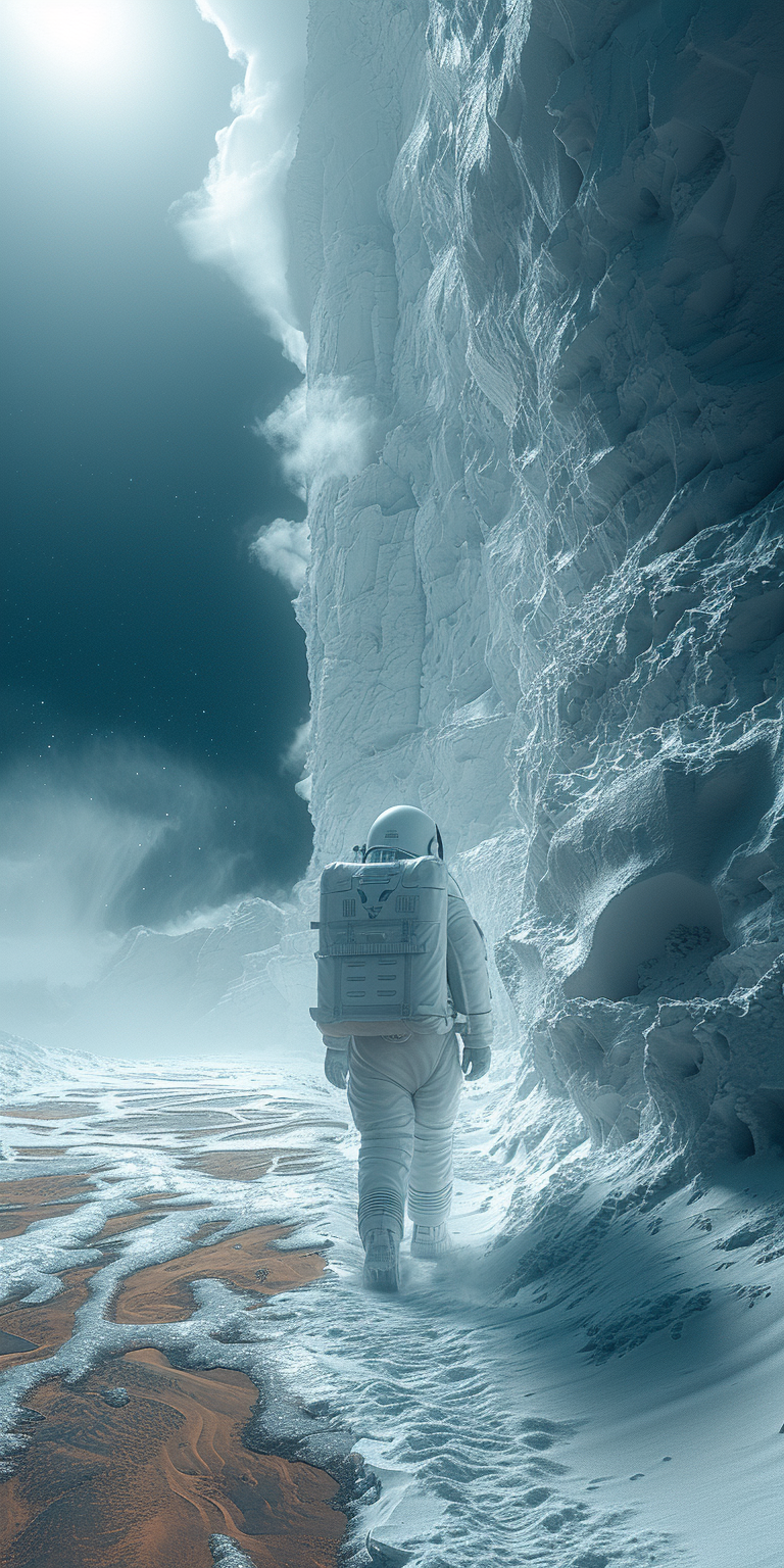 astronaut navigating through an icy alien landscape, reflecting the spirit of discovery