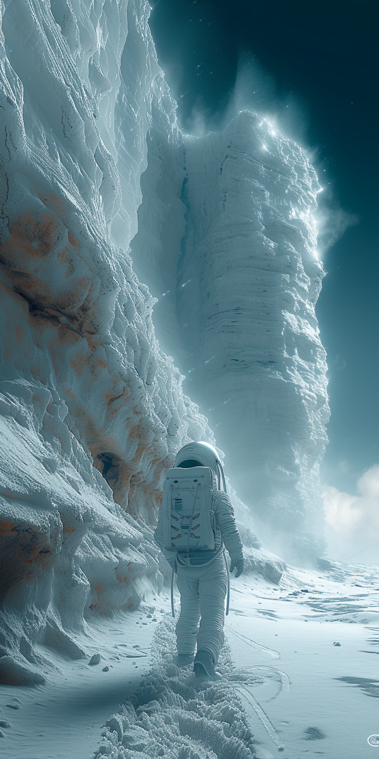 astronaut navigating through an icy alien landscape, reflecting the spirit of discovery