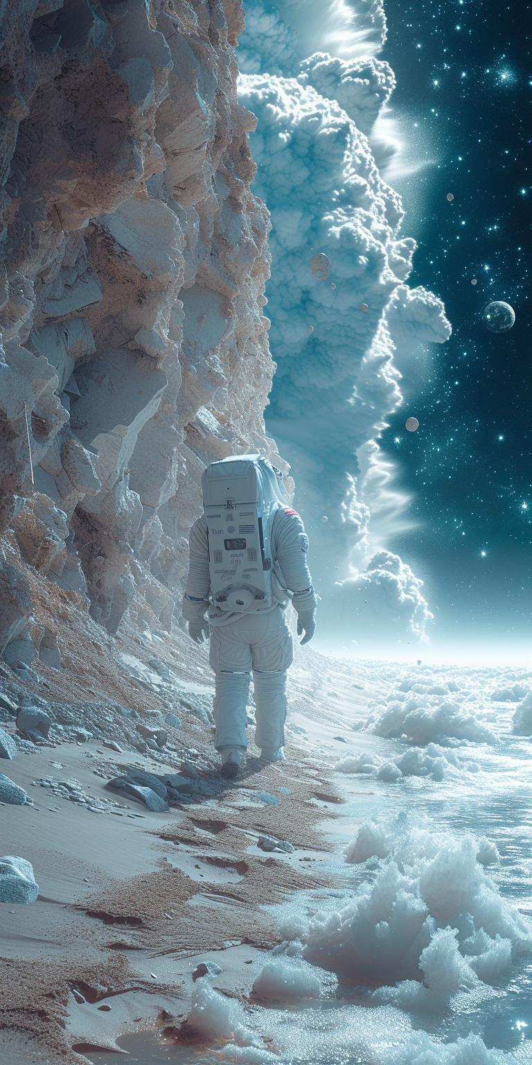 astronaut navigating through an icy alien landscape, reflecting the spirit of discovery