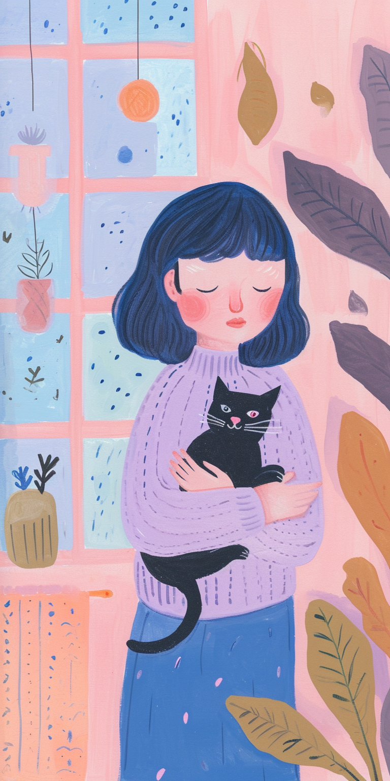 illustration of a girl with a black cat.