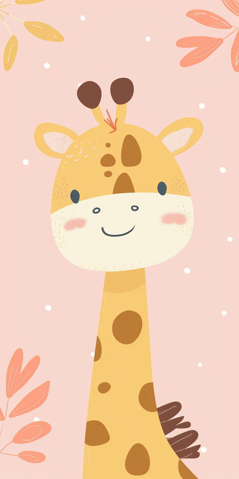 Cartoon image of a cute giraffe with big brown eyes and brown spots standing on a light pink background.