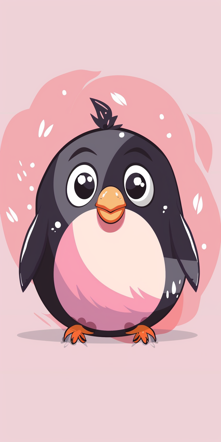 Close-up illustration of a penguin with big eyes standing on a pink background.