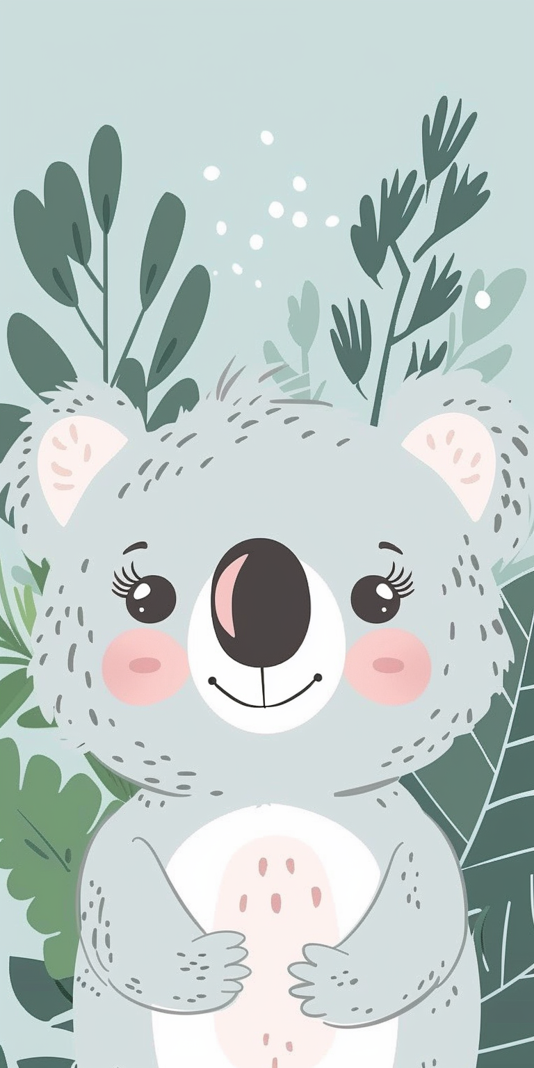 Immerse yourself in the charm of nature with our HD mobile wallpaper featuring a cute, smiling koala surrounded by lush green leaves.