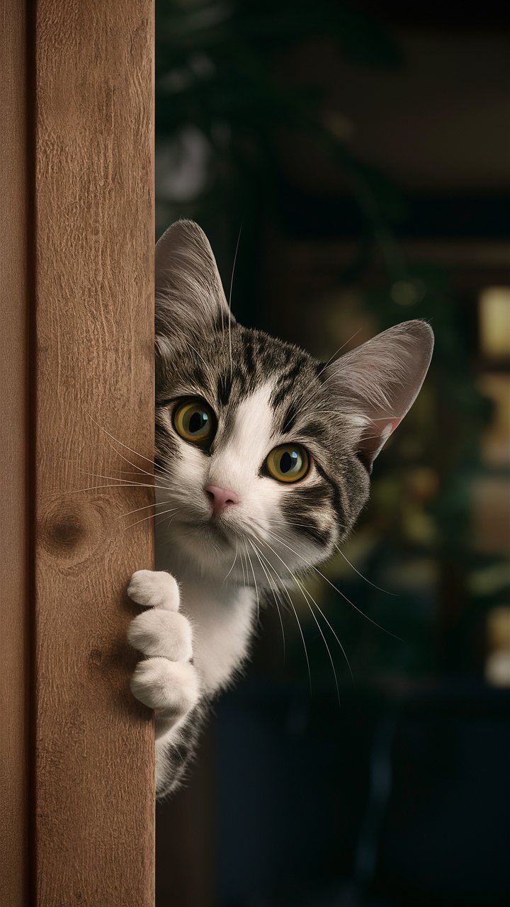 Playful black cat peeking curiously from the Window in the night