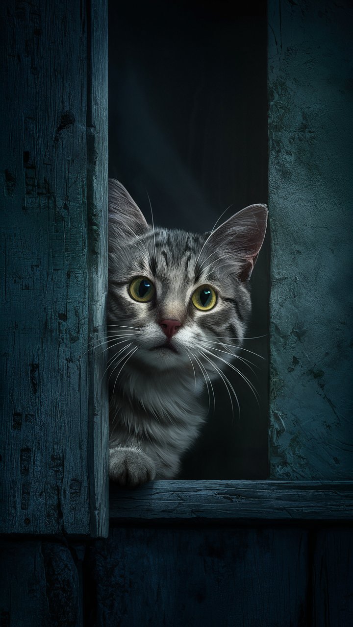 Playful black cat peeking curiously from the Window in the night