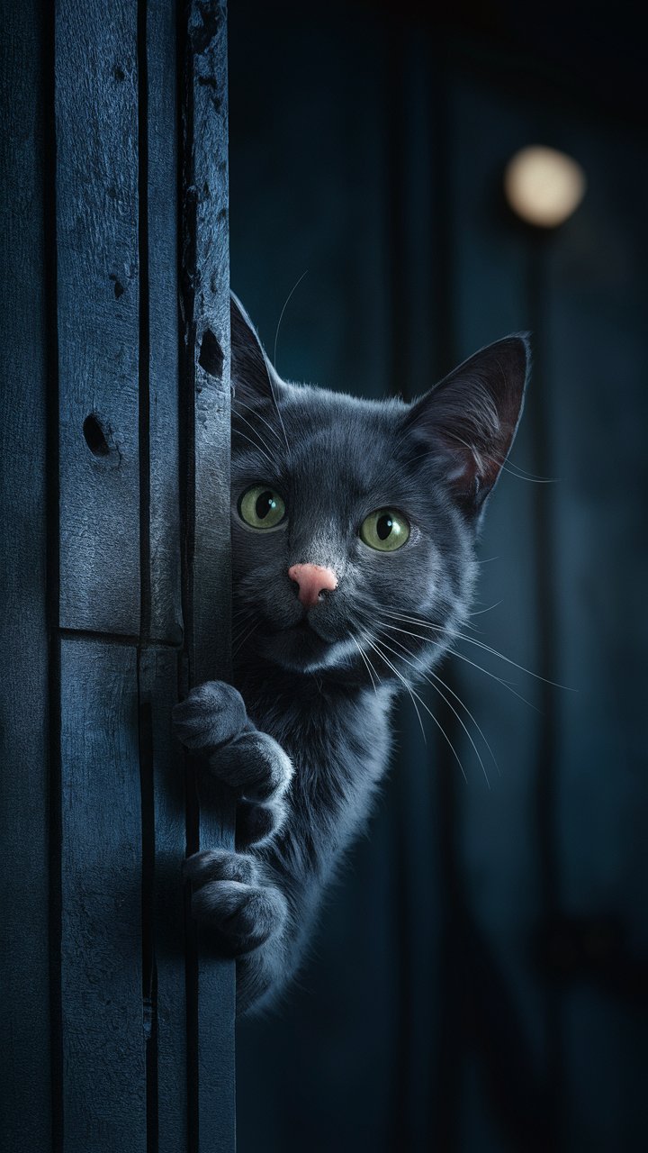 Playful black cat peeking curiously from the door in the night