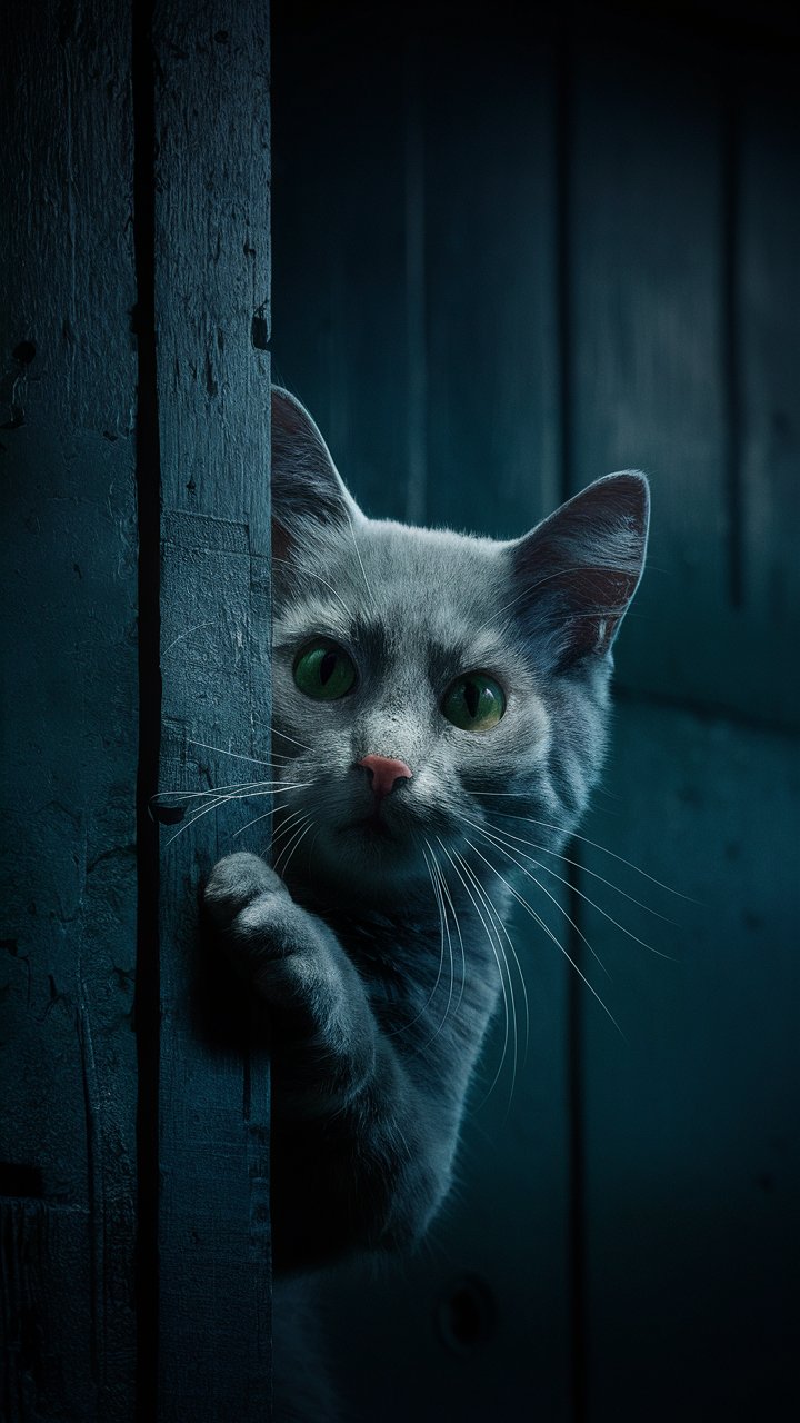 Playful black cat peeking curiously from the door in the night