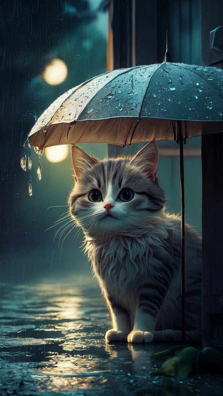 Playful black cat peeking curiously in the rain