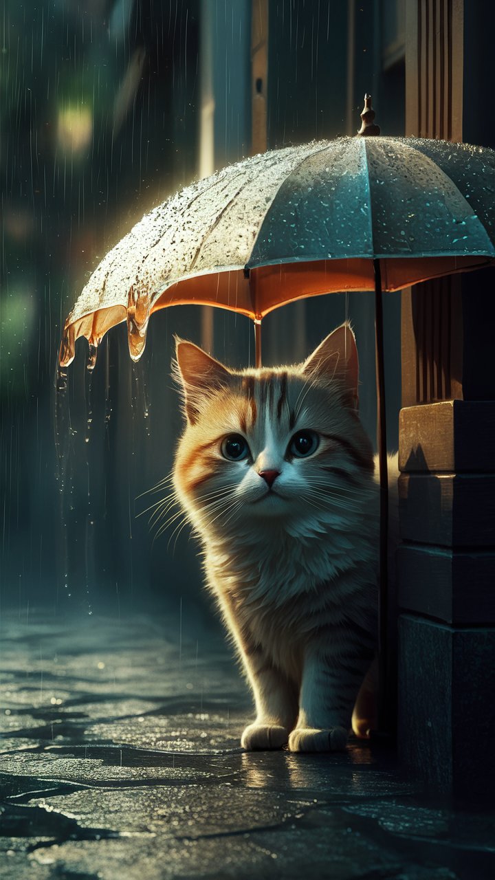 Playful black cat peeking curiously in the rain