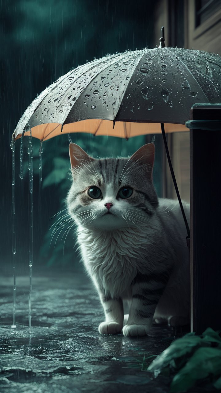 Playful black cat peeking curiously in the rain