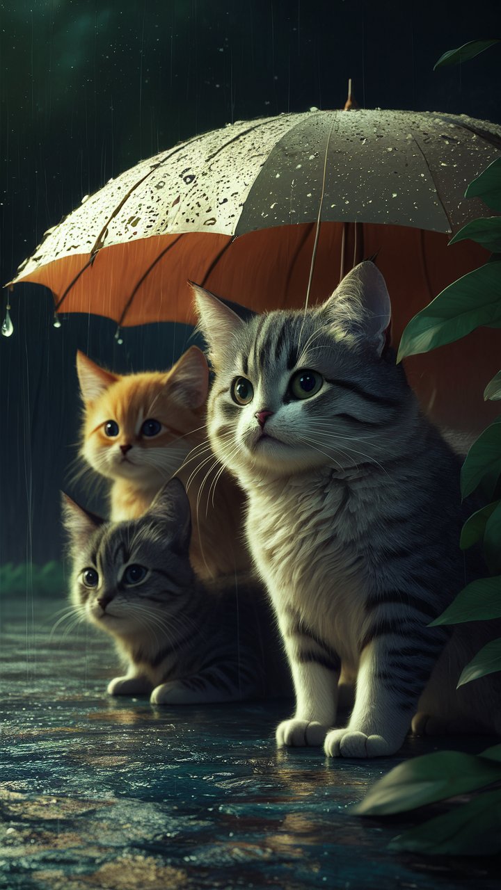 Playful black cat peeking curiously in the rain with her friends