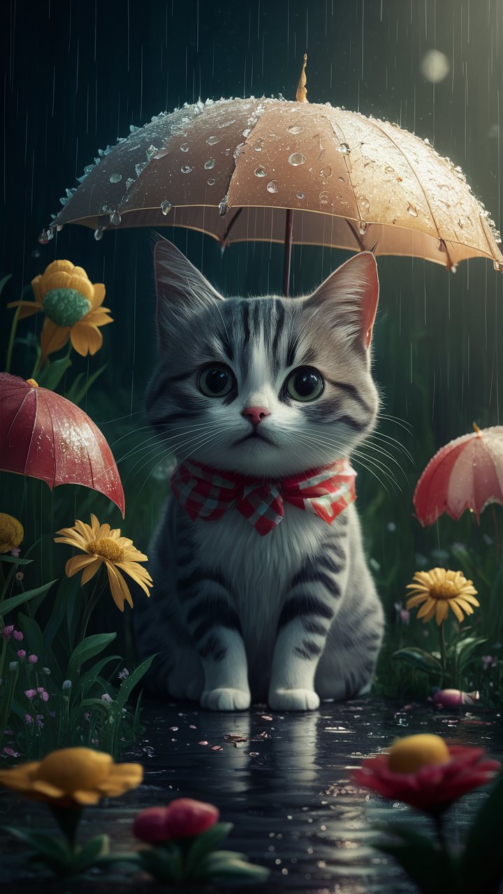 Playful black cat peeking curiously in the rain.