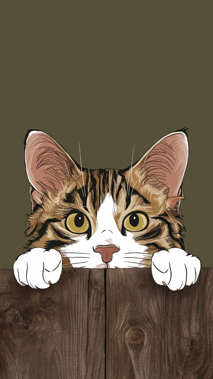 Playful cartoon illustration of a cat peeking curiously from behind a corner, perfect for a mobile HD 4K wallpaper.