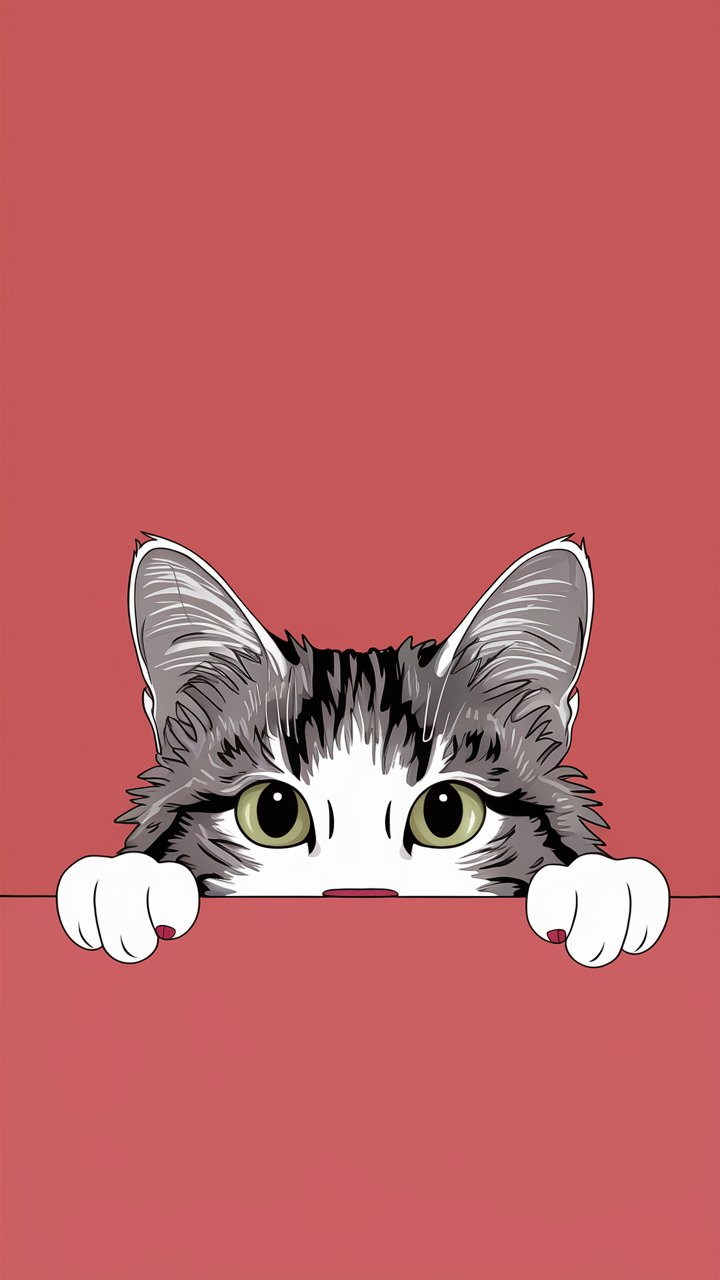 Playful cartoon illustration of a cat peeking curiously from behind a corner, perfect for a wallpaper.