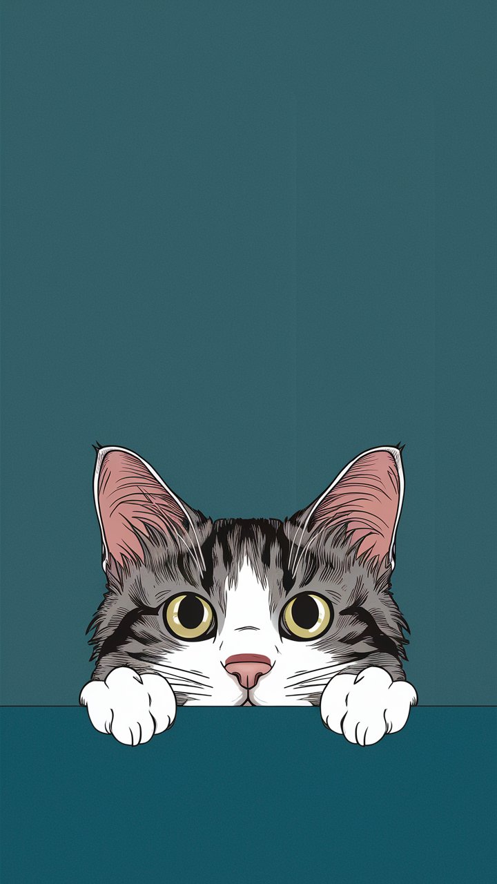 Playful cartoon illustration of a cat peeking curiously from behind a corner, perfect for a wallpaper.