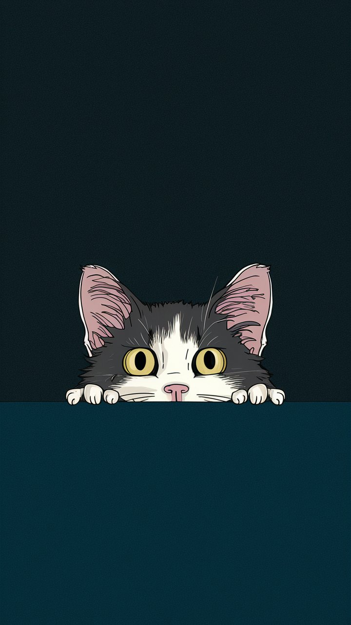 Playful cartoon illustration of a cat peeking curiously from behind a corner, perfect for a mobile HD wallpaper.