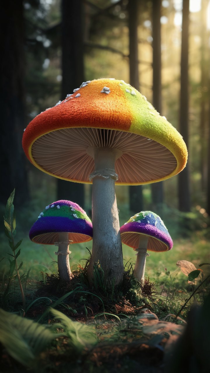 Discover vibrant 3D mobile wallpaper illustrations featuring colorful mushrooms for your phone.