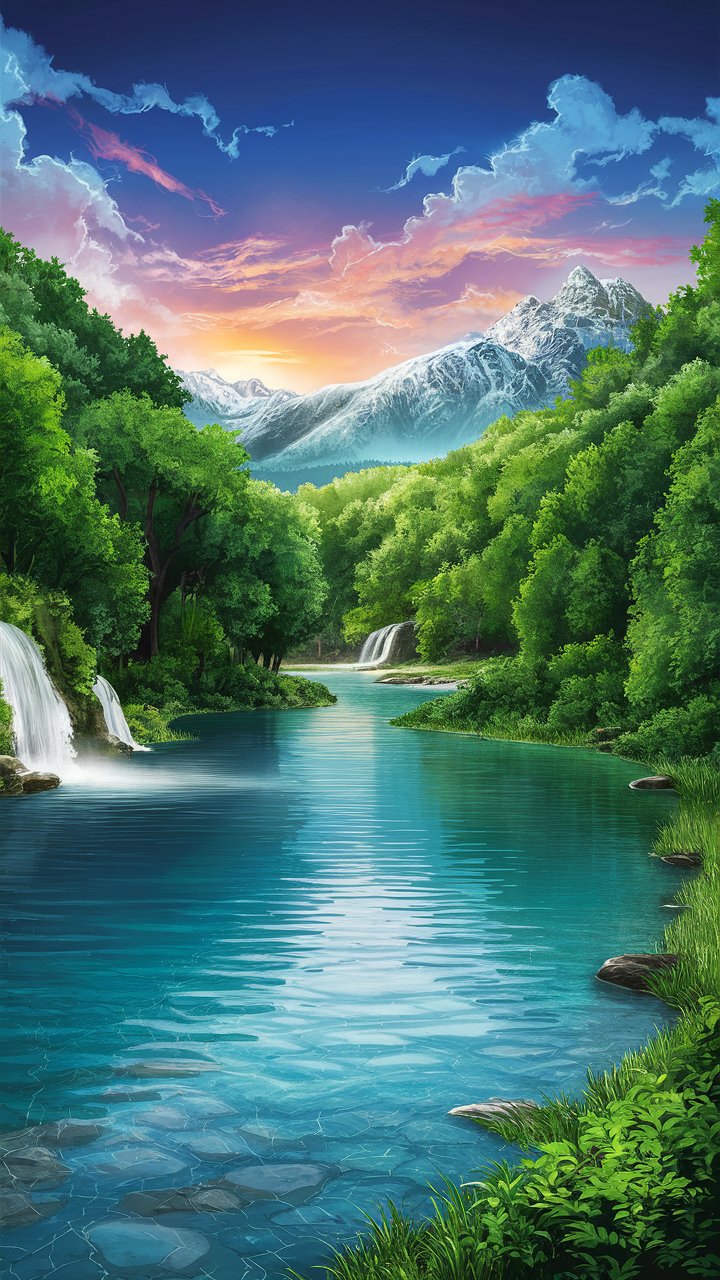 4K aesthetic nature HD wallpapers for your phone, featuring illustrations of waterfalls