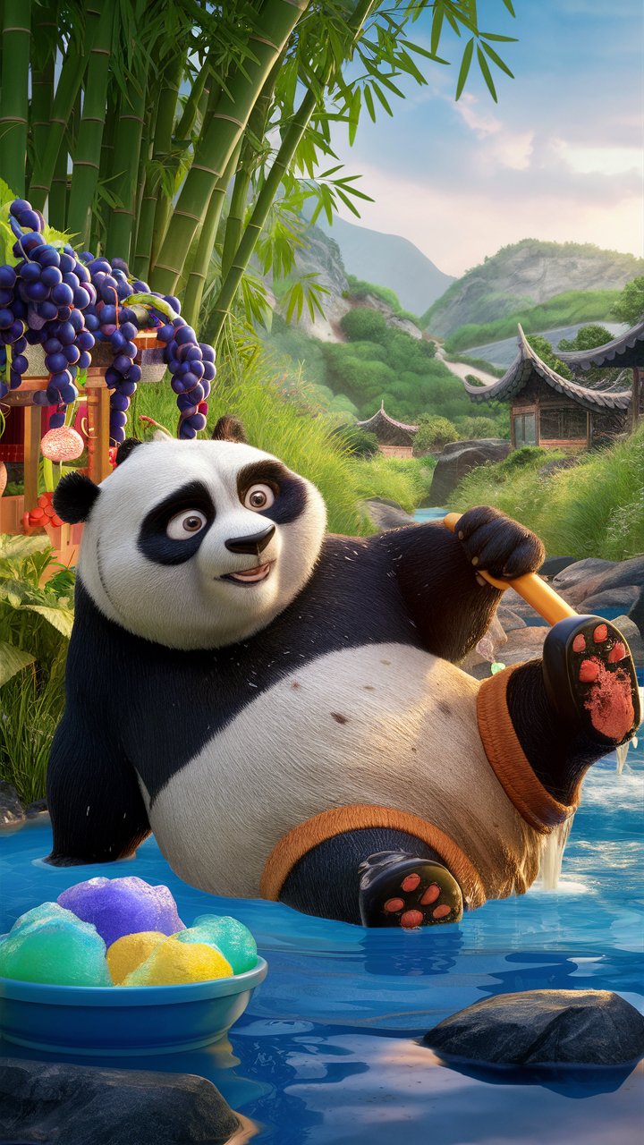 Dive into the world of HD Kung Fu Panda enjoying pool time in captivating 3D illustrations. Great for mobile wallpapers!