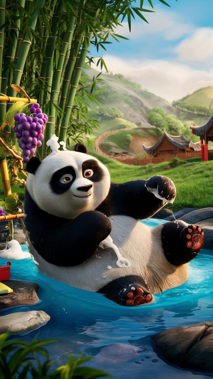 Get mesmerized by high-quality 3D art featuring Kung Fu Panda relaxing in the pool. Ideal for mobile wallpapers!