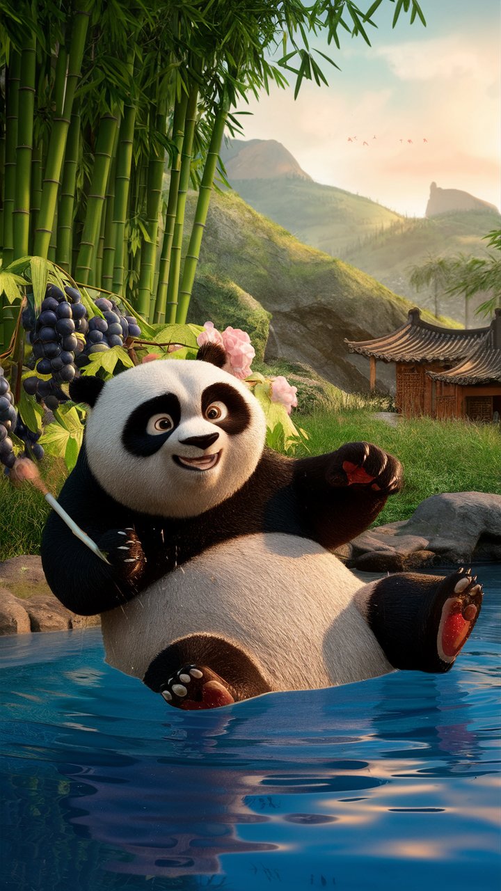 Explore stunning HD Kung Fu Panda 3D illustrations enjoying at the pool. Perfect for unique mobile wallpapers.