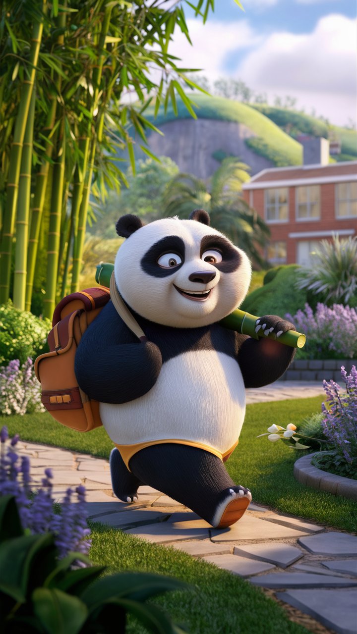 HD illustration of a cute kung fu panda walking with joy. Perfect for your mobile wallpaper.