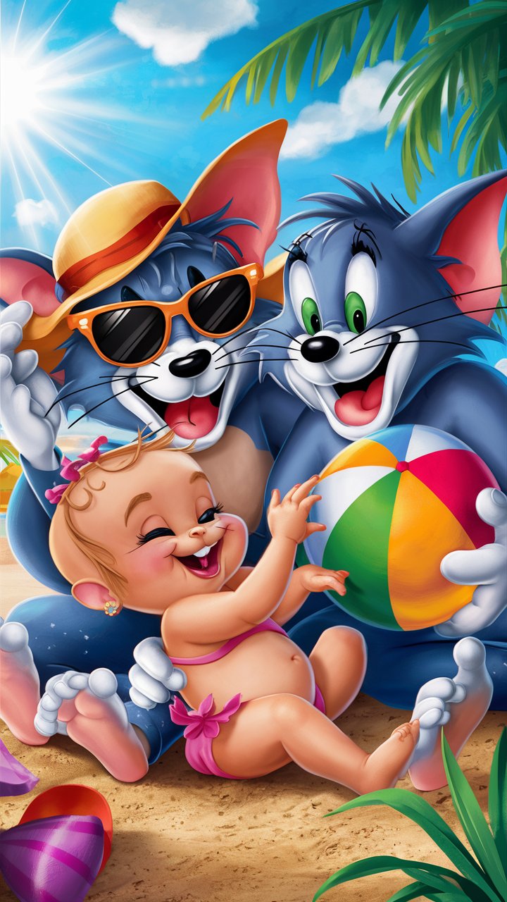 Browse HD drawings of Tom and Jerry posing with a sweet baby, designed to enhance your phone's wallpaper.