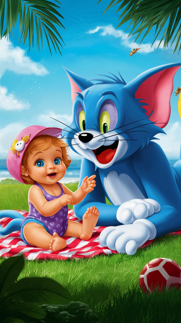 Stunning HD illustration of Tom and Jerry with an adorable baby, ideal for mobile wallpapers.