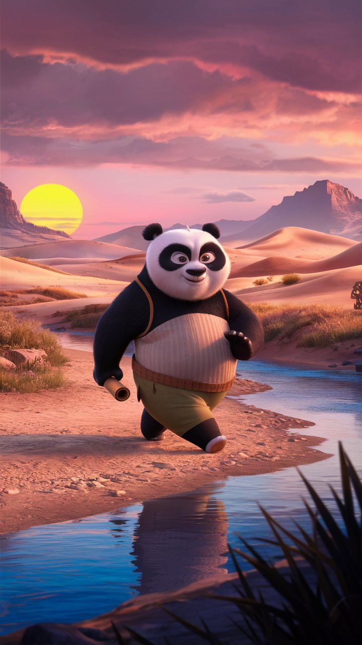 Discover breathtaking 3D illustrations of HD Kung Fu Panda wandering in the valley. Great for mobile wallpaper.