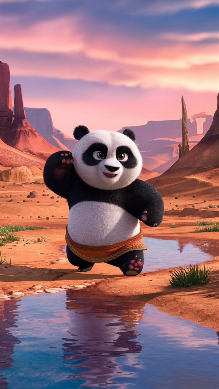 Transform your phone with 3D mobile wallpapers of a majestic kung fu Panda in a picturesque valley. Ideal for wallpaper backgrounds!