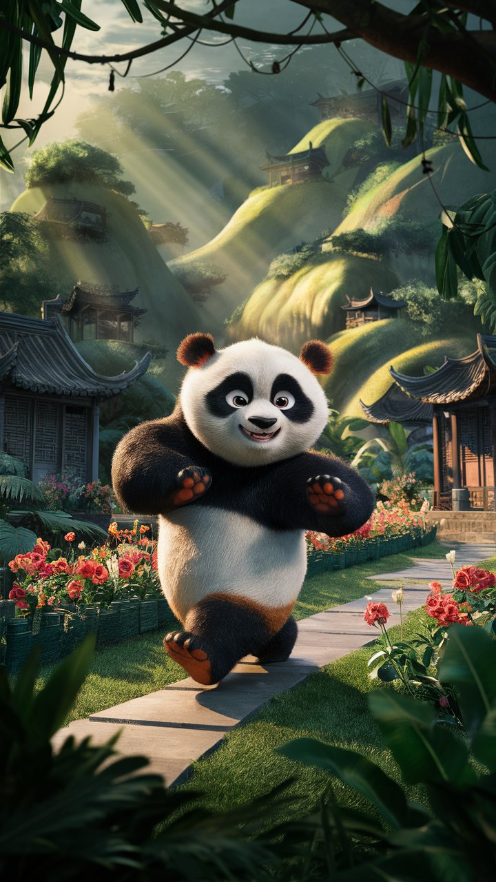 Transform your phone screen with the vibrant illustration of kung fu Panda wandering in a scenic valley - ideal for wallpaper.