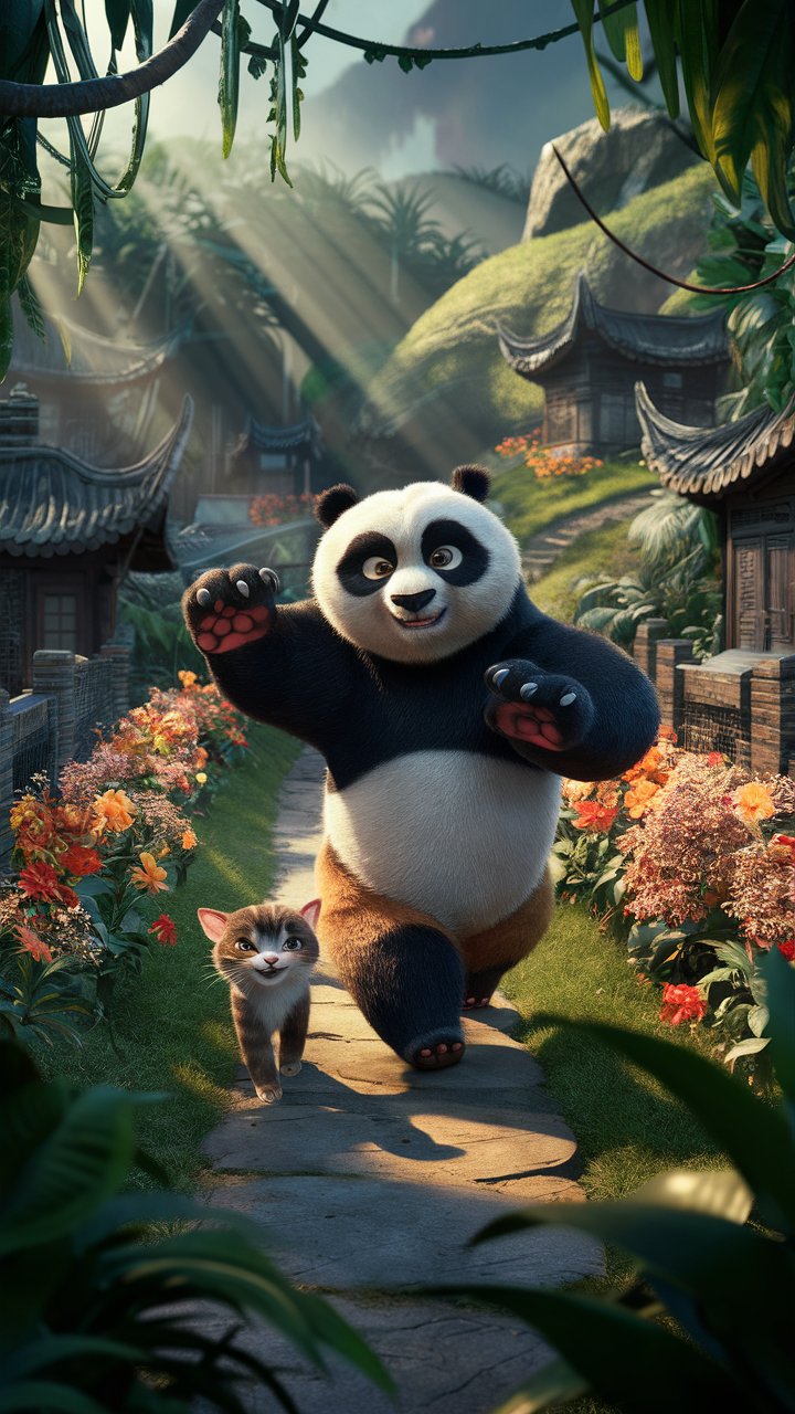 Get mesmerized by the breathtaking 3d mobile wallpaper of HD kung fu Panda strolling through a picturesque valley.