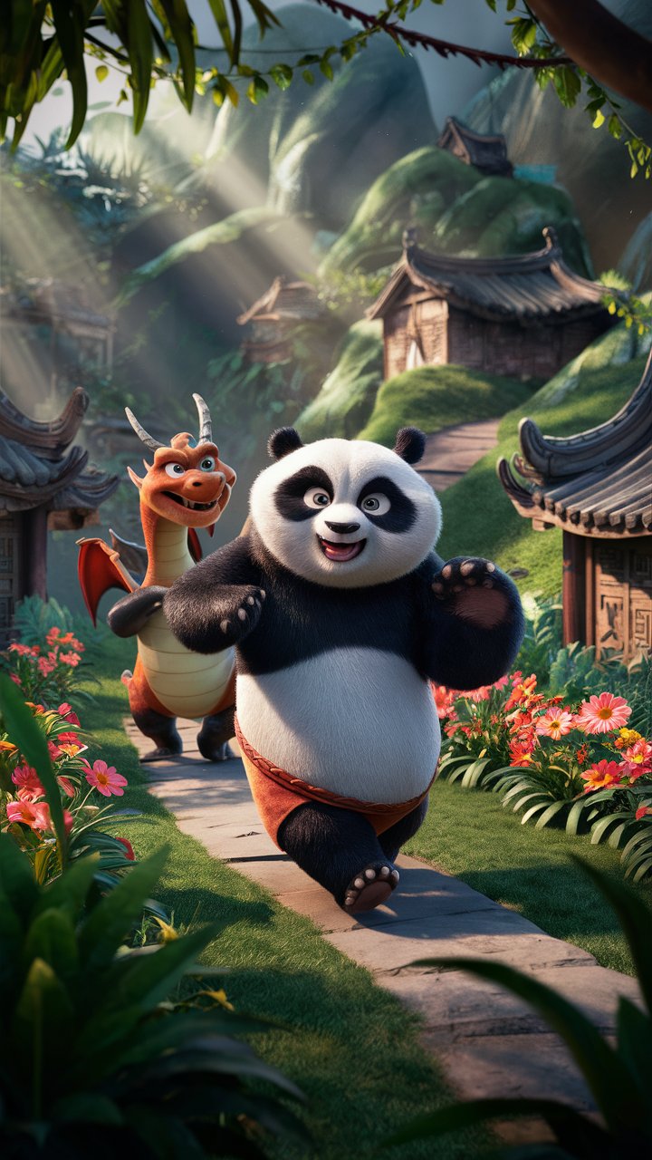 Explore the beauty of a high-definition kung fu Panda wandering in a charming valley through this 3D mobile wallpaper illustration. Perfect for wallpapers!