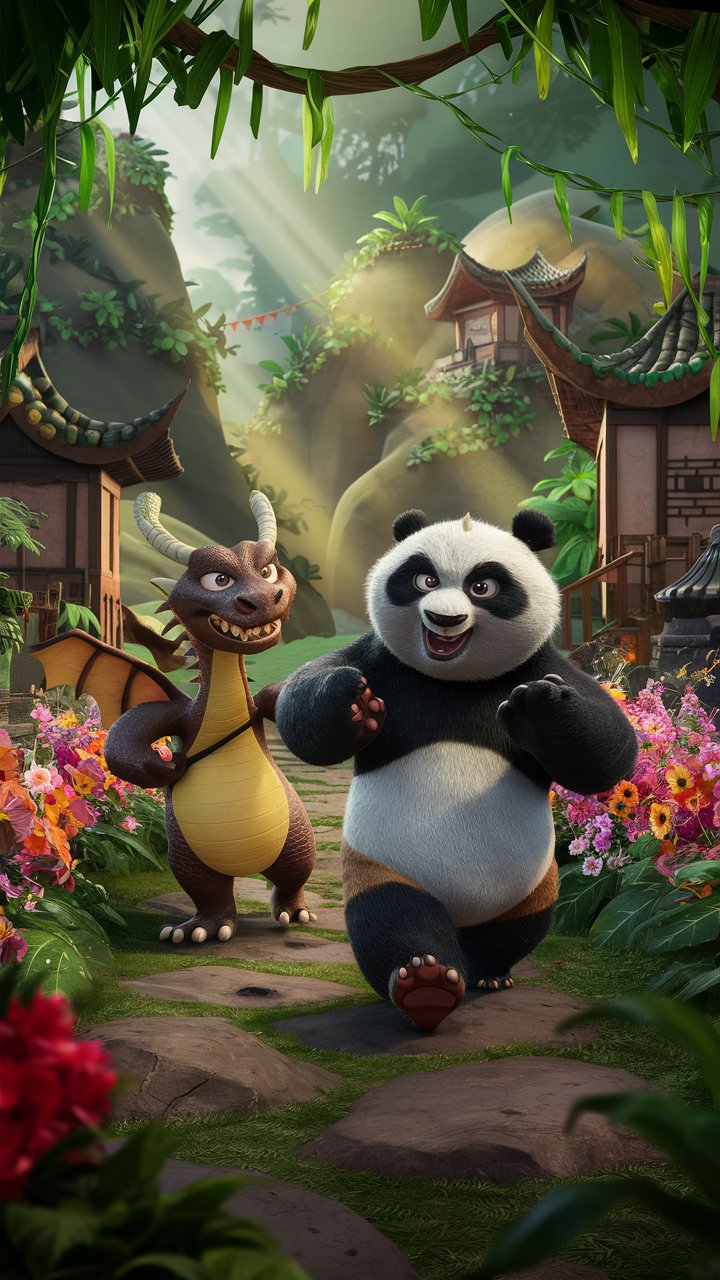 Get mesmerized by the 3D mobile wallpaper illustration of HD kung fu Panda strolling through a picturesque valley. Ideal for wallpaper enthusiasts!