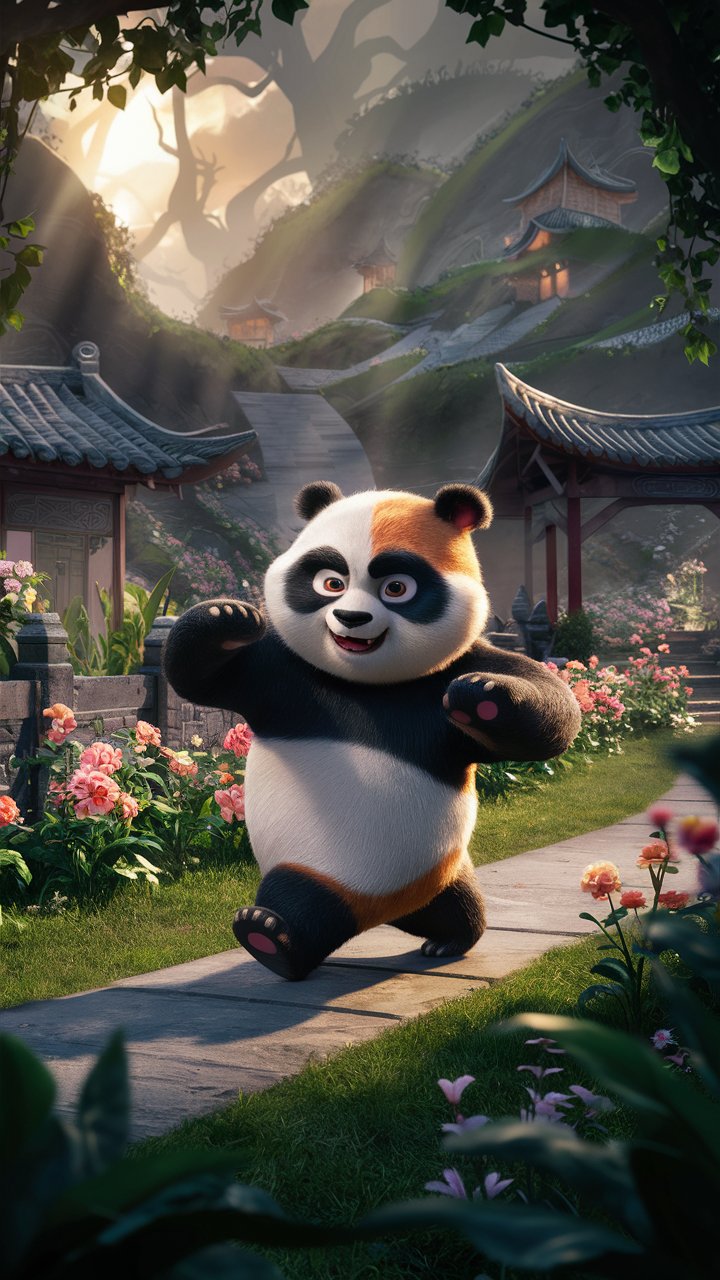 Get mesmerized by our HD Kung Fu Panda 3D mobile wallpaper illustration set in a beautiful valley. Perfect for your phone background!