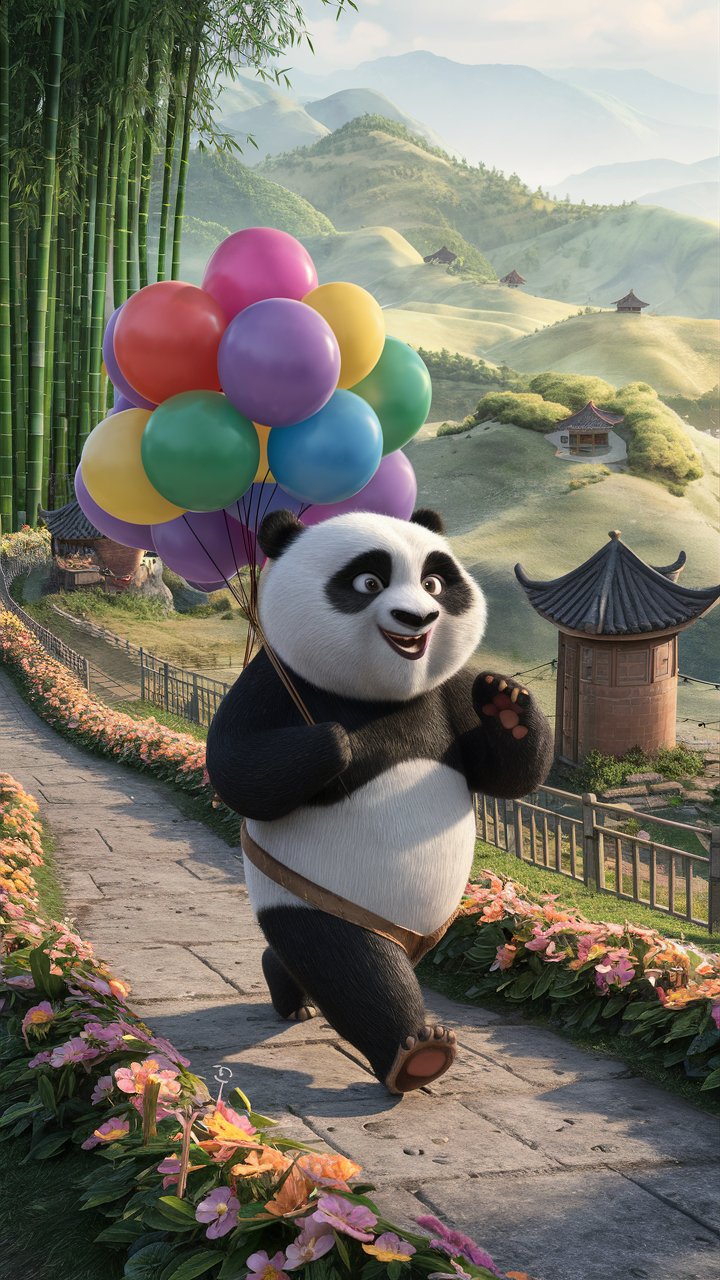 Discover stunning 3D mobile wallpapers of HD Kung Fu Panda walking with balloons. Perfect for your phone's wallpaper!