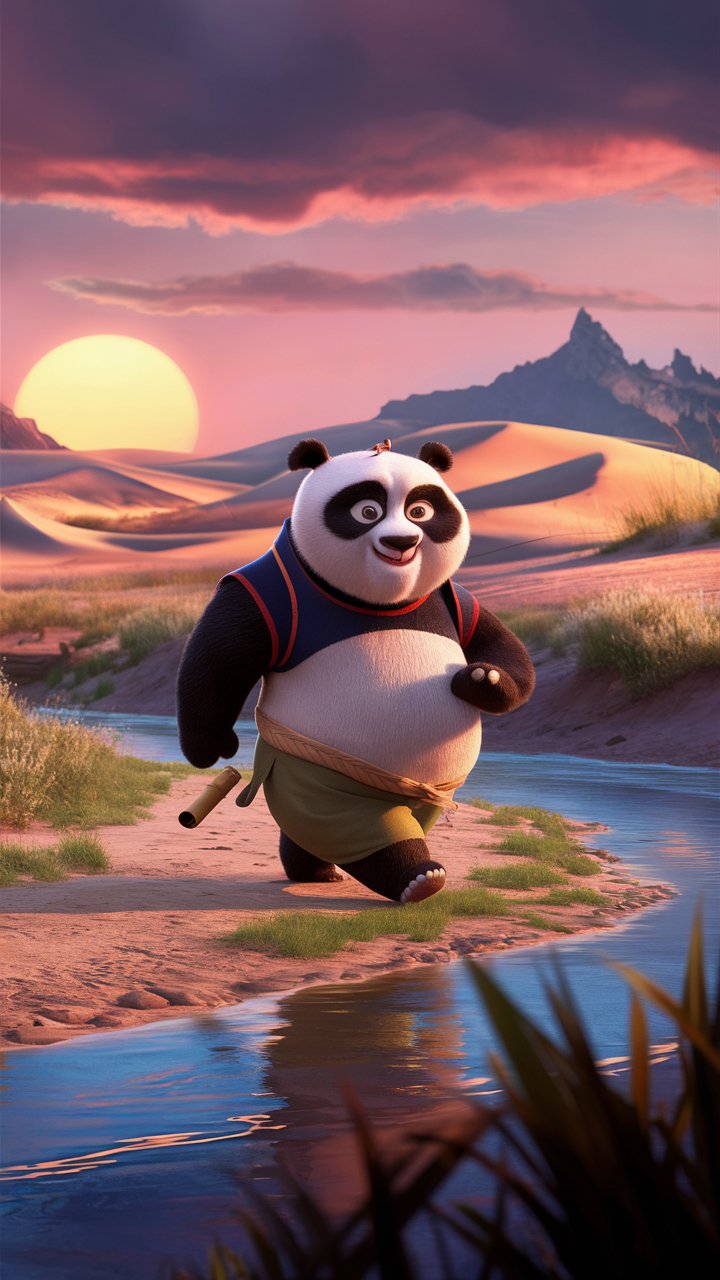 Explore stunning 3D illustrations of Kung Fu Panda walking in the valley. Perfect for mobile wallpaper. HD quality.