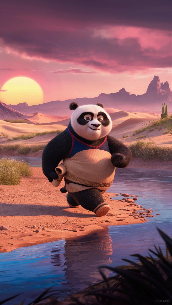 Dive into the world of a kung fu panda strolling through a scenic valley in captivating HD 3D illustrations. Great for mobile wallpapers!