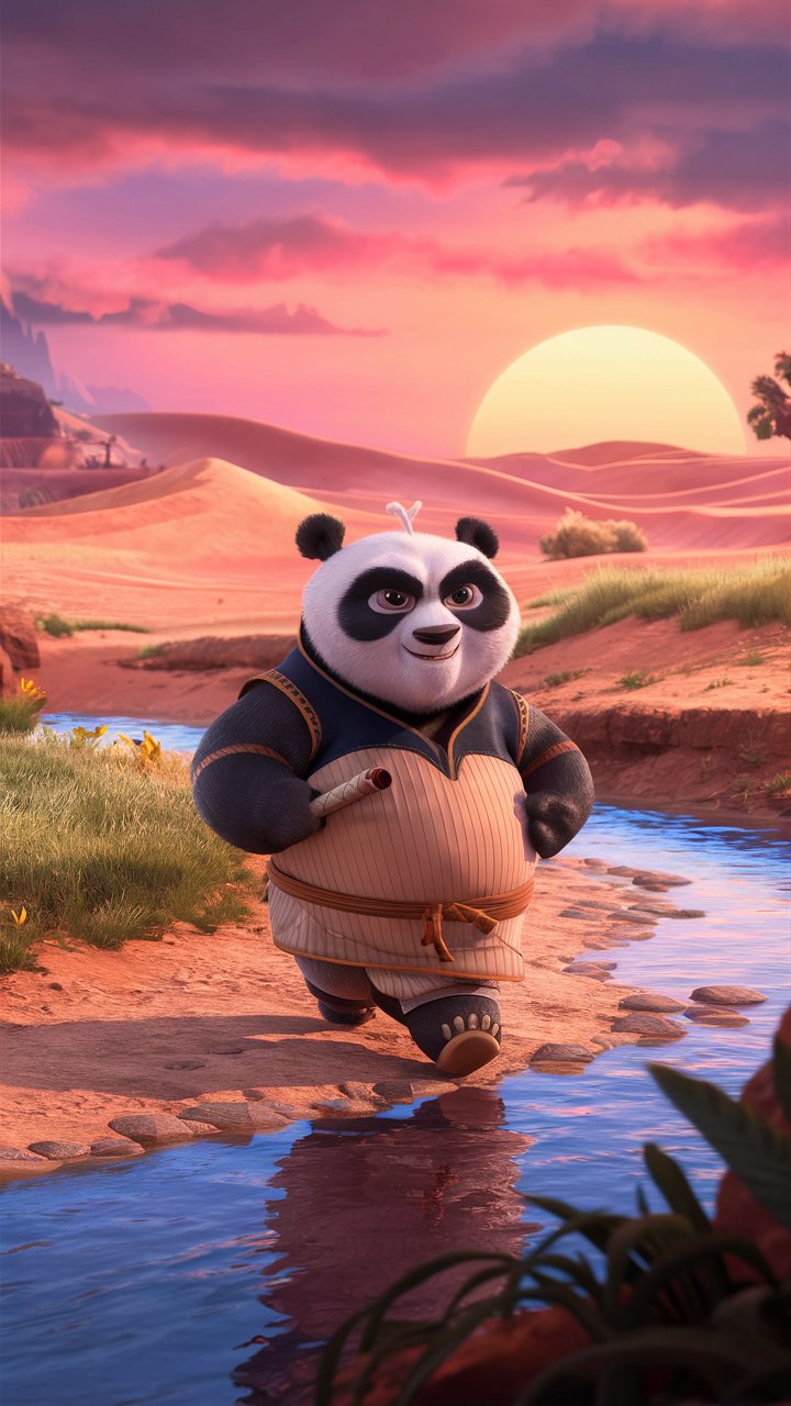 Get lost in the beauty of a kung fu panda walking in the valley with our stunning 3D illustrations. Ideal for mobile wallpaper!