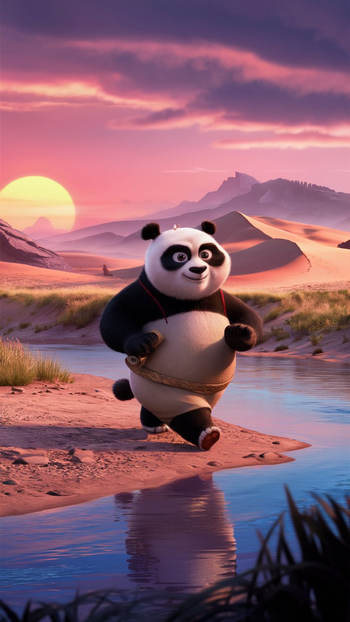 Explore stunning 3D HD illustrations of a kung fu panda walking in a beautiful valley. Perfect for mobile wallpapers!