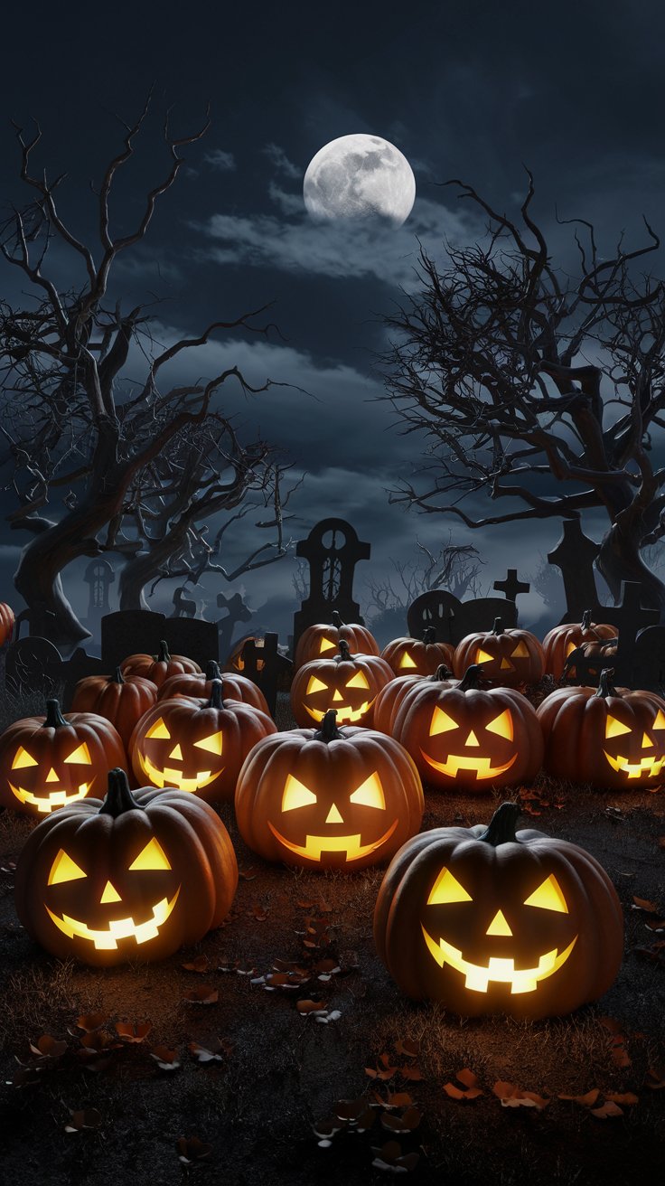 Venture into a haunted graveyard beneath a shadowy night sky. A full moon, ominous clouds, illuminated jack-o-lanterns, gnarled trees, and spectral figures are waiting for you!