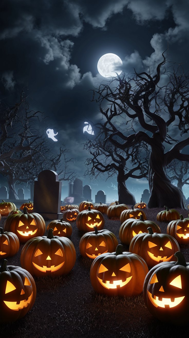 Discover a spooky graveyard under the full moon. Glowing jack-o-lanterns and ghostly figures create an eerie atmosphere for your adventurous exploration!