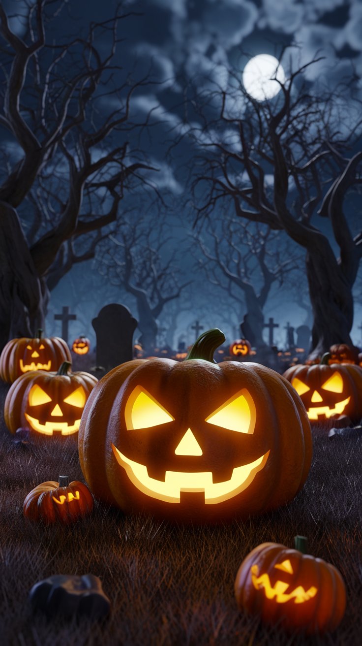 Dare to explore a haunting graveyard filled with glowing jack-o-lanterns and ghostly sights. The full moon and eerie clouds set the scene for your adventure!