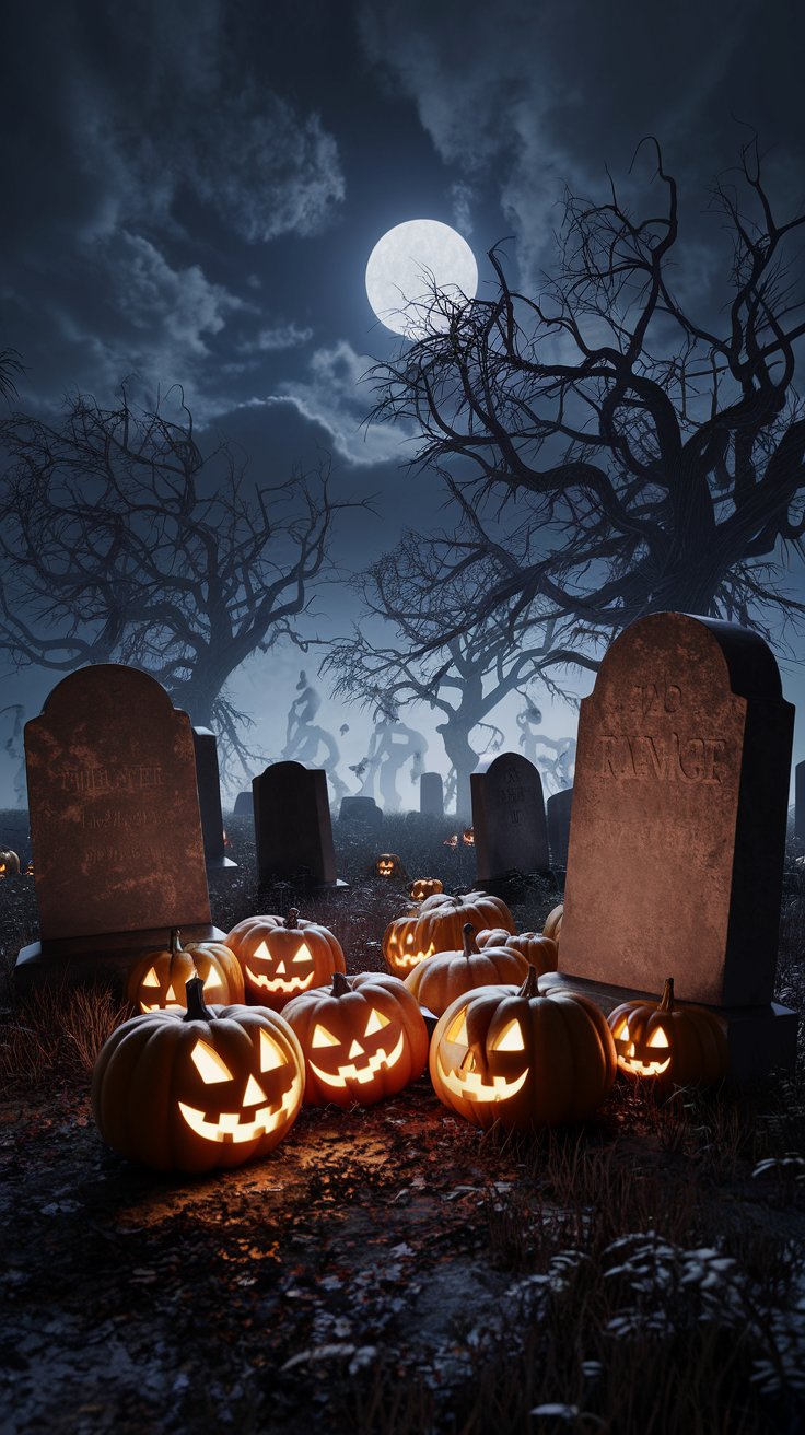 Embark on a chilling journey through a graveyard filled with flickering jack-o-lanterns and spectral figures. Brave the eerie clouds and the full moon if you're up for it!