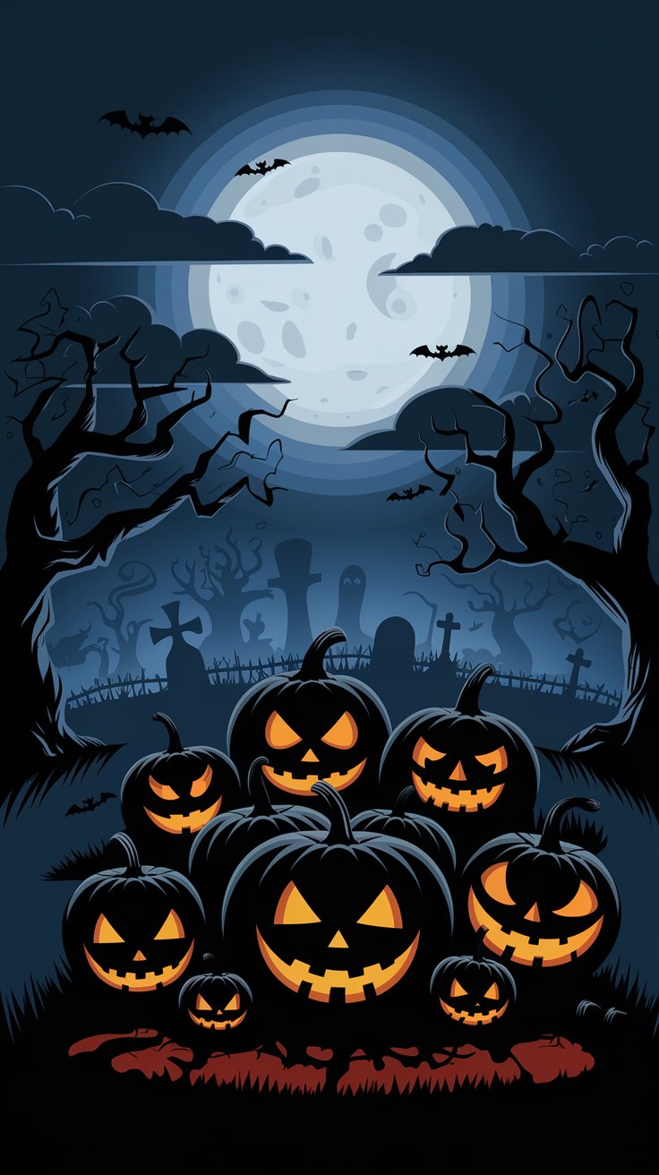 Step into a haunting graveyard bathed in moonlight. The glowing jack-o-lanterns and gnarled trees create an ideal atmosphere for Halloween lovers!